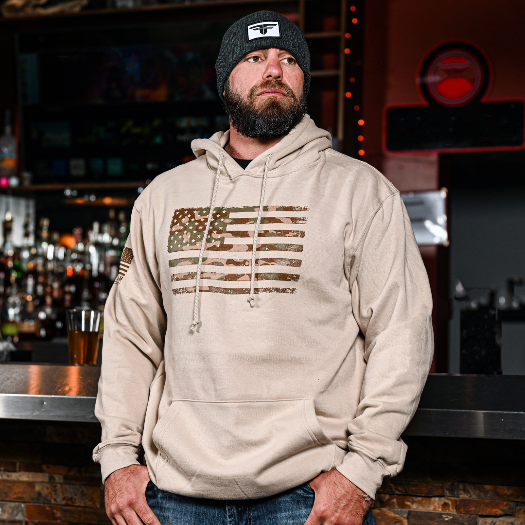 Men's Heavyweight Oversized Arid Camo Flag Hoodie (Sand)