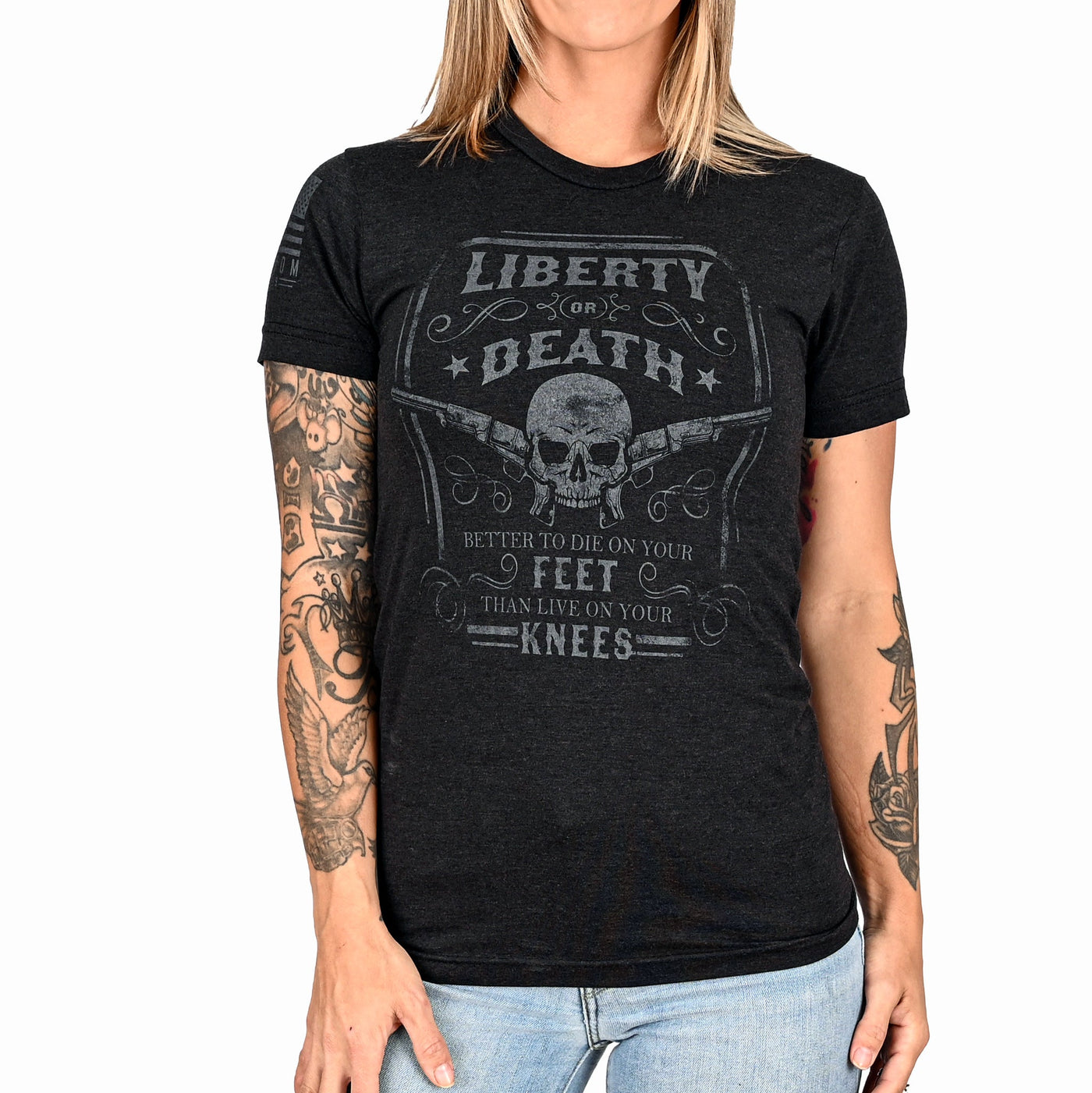 Women's Liberty or Death Patriotic Boyfriend Fit T-Shirt (Black on Black)